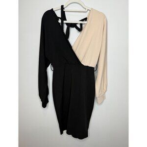 SHEIN Dress Womens Bodycon Black Tan Two Tone Sz 8 10 Colorblock Batwing Sleeve